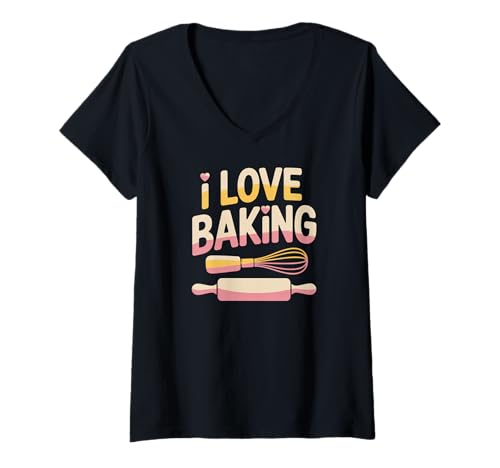 Damen I Love Baking Schneebesen Nudelholz Herz T-Shirt mit V-Ausschnitt Damen I Love Baking Schneebesen Nudelholz Herz T-Shirt mit V-Ausschnitt von Culinary Enthusiast Baking Lovers