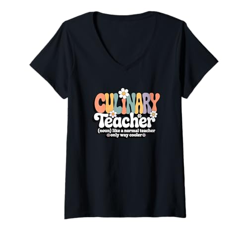 Damen Retro Groovy kulinarischer Lehrer Backen Kochen Koch Schule T-Shirt mit V-Ausschnitt Damen Retro Groovy kulinarischer Lehrer Backen Kochen Koch Schule T-Shirt mit V-Ausschnitt von Culinary Teacher Apparel for Women & Men
