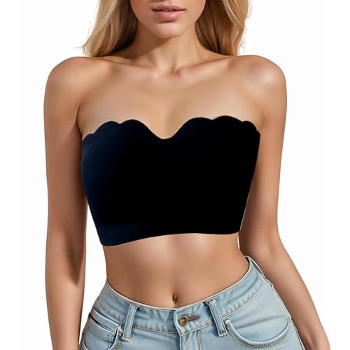 Culinavog 2er Pack Trägerloser Push Up BH ohne Bügel, Damen Trägerloser BH, Nahtlos Bandeau BH mit Bequemer Gewellter Rand, rutschfest und Atmungsaktiv- Ideal für Abendkleider, Dirndl & Tops-Schwarz von Culinavog