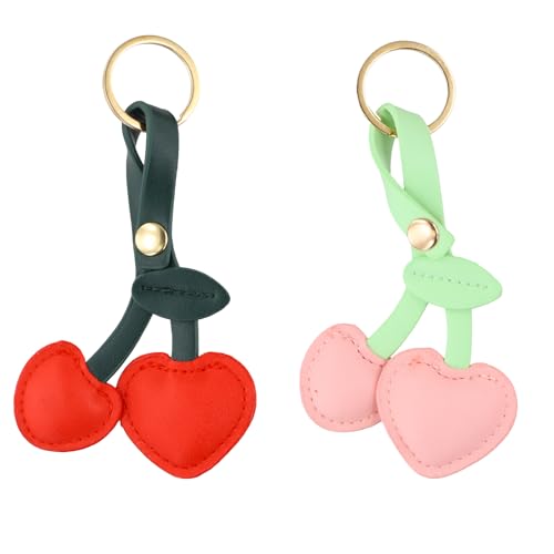 Culinavog Schlüsselanhänger, 2 Stück Leder Obst Schlüsselanhänger, Kirsche Keychain für Damen, Einfach zu tragen, Vielseitiger Süßer Kirsche Keychain für Handtaschen, Taschen, Rucksäcke (Mehrfarbige) von Culinavog
