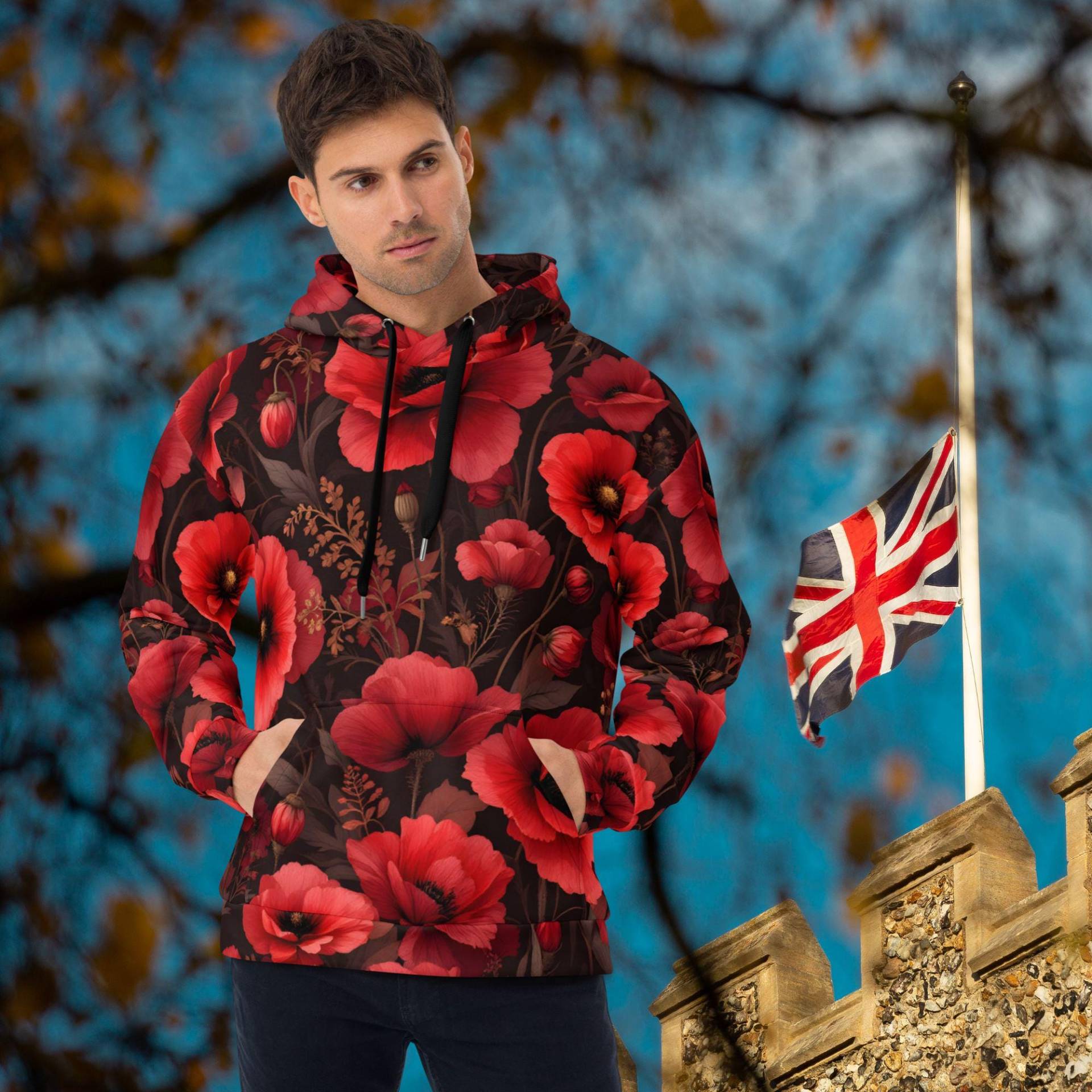 Red Poppy Floral Hoodie Für Frauen Oder Männer | Volkstrauertag Sweatshirt Unisex Kapuzenpullover Mit Blumen Print Gemütliche Herbst & Winter von CulluDesign