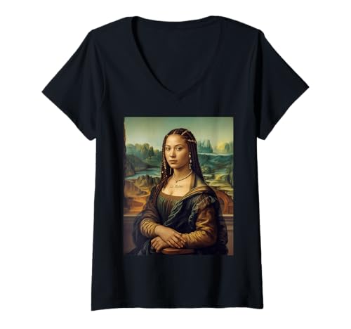 Damen Ästhetischer Spruch La Reine The Queen Modern Mona Lisa Art T-Shirt mit V-Ausschnitt Damen Ästhetischer Spruch La Reine The Queen Modern Mona Lisa Art T-Shirt mit V-Ausschnitt von Cultural Black Girl Beauty Empowerment Royalty