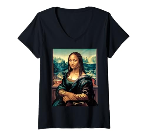 Damen Ästhetischer Spruch La Reine The Queen Modern Mona Lisa Art T-Shirt mit V-Ausschnitt von Cultural Black Girl Beauty Empowerment Royalty