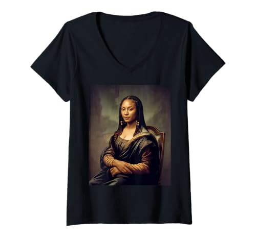 Damen Ästhetischer Spruch La Reine The Queen Modern Mona Lisa Art T-Shirt mit V-Ausschnitt Damen Ästhetischer Spruch La Reine The Queen Modern Mona Lisa Art T-Shirt mit V-Ausschnitt von Cultural Black Girl Beauty Empowerment Royalty