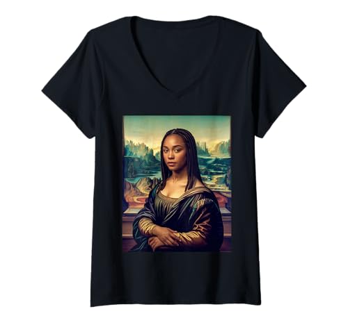Damen Ästhetischer Spruch La Reine The Queen Modern Mona Lisa Art T-Shirt mit V-Ausschnitt Damen Ästhetischer Spruch La Reine The Queen Modern Mona Lisa Art T-Shirt mit V-Ausschnitt von Cultural Black Girl Beauty Empowerment Royalty