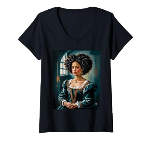 Damen Ästhetischer Spruch La Reine The Queen Modern Mona Lisa Art T-Shirt mit V-Ausschnitt von Cultural Black Girl Beauty Empowerment Royalty
