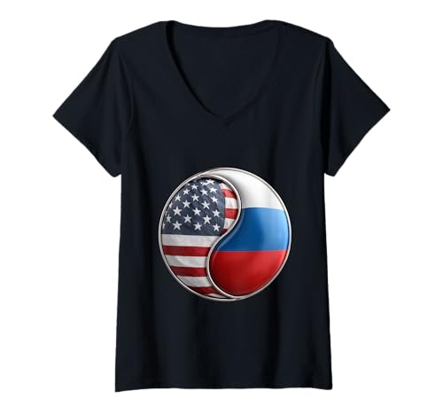 Damen Amerikanische und russische Yin-Yang-Flagge für Expats Dual Heritage T-Shirt mit V-Ausschnitt von Cultural Harmony Designs