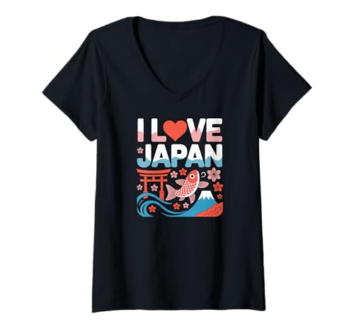 Damen Ich Liebe Japan Torii Koi Sakura Mount Fuji T-Shirt mit V-Ausschnitt Damen Ich Liebe Japan Torii Koi Sakura Mount Fuji T-Shirt mit V-Ausschnitt von Cultural Heritage Japan Tradition Iconography