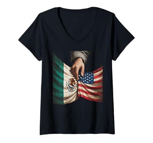 Damen Mexiko und USA Unity Spruch hält Flaggen zusammen Stolz T-Shirt mit V-Ausschnitt von Cultural Heritage Mexican American Friendship