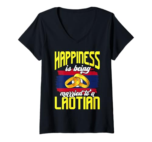Damen Glück verheiratet mit einem laotischen Design T-Shirt mit V-Ausschnitt Damen Glück verheiratet mit einem laotischen Design T-Shirt mit V-Ausschnitt von Cultural Joy Designs