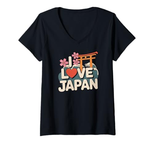 Damen Ich Liebe japanische Kirschblüten Torii Waves T-Shirt mit V-Ausschnitt Damen Ich Liebe japanische Kirschblüten Torii Waves T-Shirt mit V-Ausschnitt von Cultural Travel Japan Cherry Blossoms