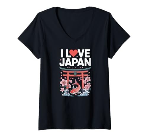 Damen Ich Liebe Japan Torii Koi Sakura Blossom T-Shirt mit V-Ausschnitt Damen Ich Liebe Japan Torii Koi Sakura Blossom T-Shirt mit V-Ausschnitt von Cultural Travel Japan Sakura Tokyo Adventures