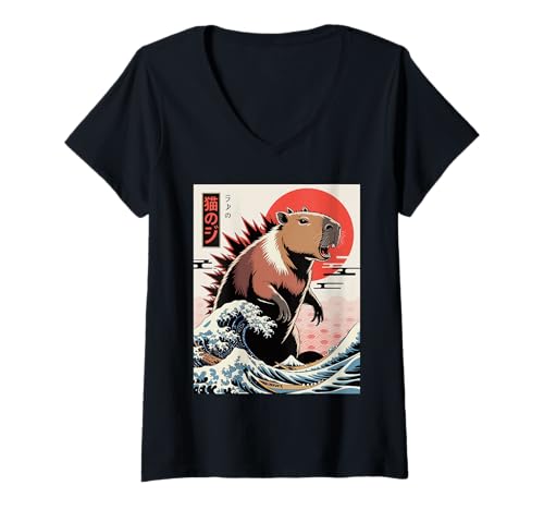 Damen Capybara Great Wave Capyzilla Japanische Kunst T-Shirt mit V-Ausschnitt von Culture Bloc