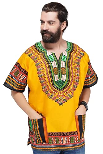 Culture Royals Unisex Dashiki-Oberteil mit traditionellem afrikanischem Aufdruck, erhältlich in den Größen L, XL, XXL, Übergröße, Gelb/Schwarz/Orange Gr. L, Gelb, Schwarz, Orange von Culture Royals