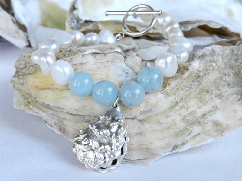 Perlen, Aquamarin Und Sterling Oyster Armband-Handmade in Charleston Sc Perlen, Aquamarin Und Sterling Oyster Armband-Handmade in Charleston Sc von CulturedPearlofCHS