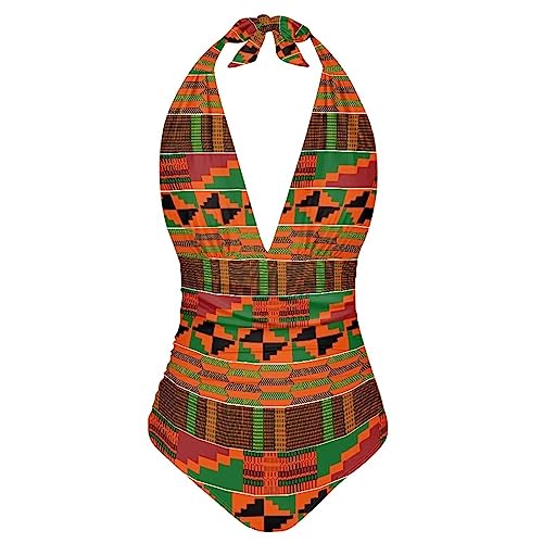 Badeanzug für Damen, Bauchkontrolle, sexy, tiefer V-Ausschnitt, Bademode, Neckholder, Badeanzug für ältere Frauen, Badeanzug für Damen, Afrikanischer Schlamm Tuch Tribal, Medium von Cumagical