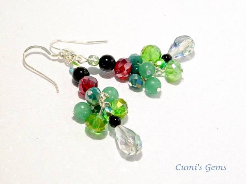 Weihnachts Ohrring, Grüner Edelstein, Unikat Schmuck, Schwarzer Jaspis, Kristall Glasperle, Unikat, Geschenk Idee, Staement Roter von CumisGems