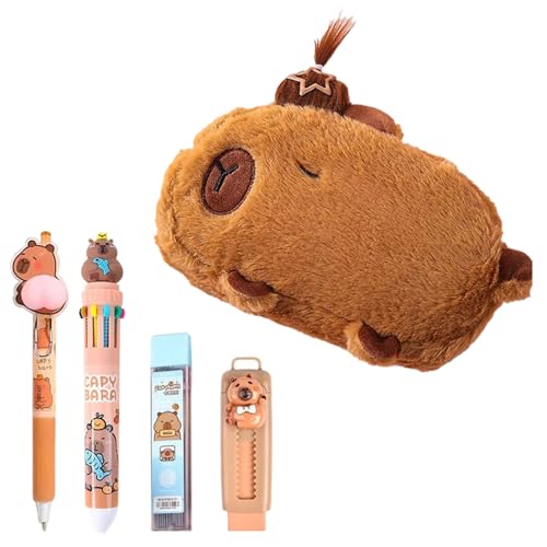 Cumnvulnt 6 Stück Capybara Sachen, Capybara Federmäppchen, Capibara Schreibwaren Set mit Plüsch-federmäppchen, Zehnfarbstift, Radiergummi, Süßes Schreibwaren Geschenkset für Kinder von Cumnvulnt