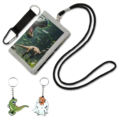 Cumnvulnt Grünes Dreifach-Faltbares Dinosaurier-Kinderportemonnaie, Kinderportmonee Jungen, Kinder Portemonnaie Jungen, Kinder Geldbeutel Jungs, 1 Geldbeutel + 2 Schlüsselanhänger von Cumnvulnt