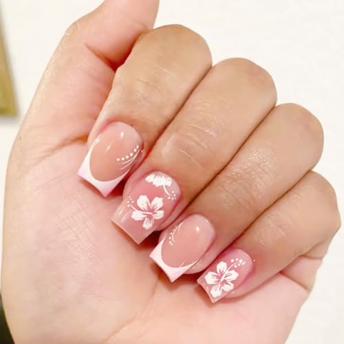Press On Nails, Französische Blumen Design Aufkleber Nägel, Falsche Nägel Aus Hochwertigem Kunststoff, Wiederverwendbar Kunstnägel zum Aufkleben, Für Frauen Und Mädchen von Cumnvulnt