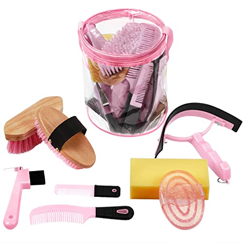 Cunhill 9-teiliges Pferdepflegeset mit Organizer-Tragetasche, ovaler Massagebürste, harter und weicher Bürste, Hufpicker, Schweißschaber, Badeschwamm, Kämme für Reiter, Anfänger (Rosa) von Cunhill