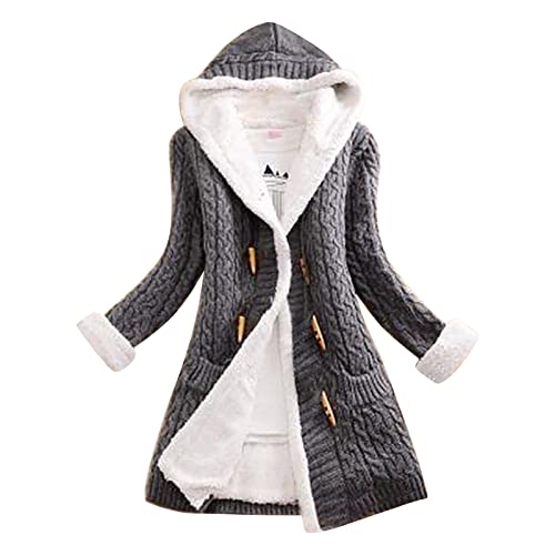 Damen Jacke Warm Winterjacke Mode Übergangsjacke Frauen lässiger Strickknopf Langarm Dicke Cardigan mit Kapuze und Kapuze Norweger Strickjacke Damen Hellblau (Grey, XXXL) von Cunhuan