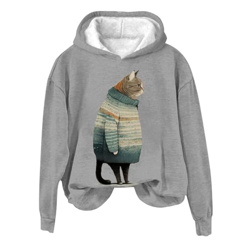 Pullover Damen 3D Katzen Druck Hoodie Langarm Rundhals Pulli Cartoon Graphic Print Mode Sweatshirt Herbst Winter Kapuzenpullover Locker Casual Oberteil Sport Streetwear Freizeit Bluse Tops von Cunhuan