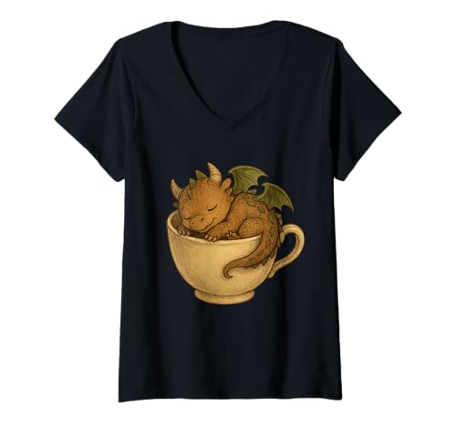 Damen Schlafendes Drachenbaby, in der Teetasse zusammengerollt, skurril, Fantasy T-Shirt mit V-Ausschnitt Damen Schlafendes Drachenbaby, in der Teetasse zusammengerollt, skurril, Fantasy T-Shirt mit V-Ausschnitt von Cup Dragons