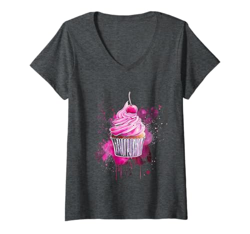 Damen Cupcake Aquarell T-Shirt mit V-Ausschnitt Damen Cupcake Aquarell T-Shirt mit V-Ausschnitt von Cupcake Aquarell Geschenk Kleidung