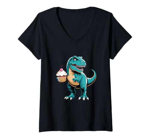 Damen Cupcake Dinosaurier T-Rex Dino Sweet Pastry T-Shirt mit V-Ausschnitt Damen Cupcake Dinosaurier T-Rex Dino Sweet Pastry T-Shirt mit V-Ausschnitt von Cupcake Baking Pastry Sweet Food