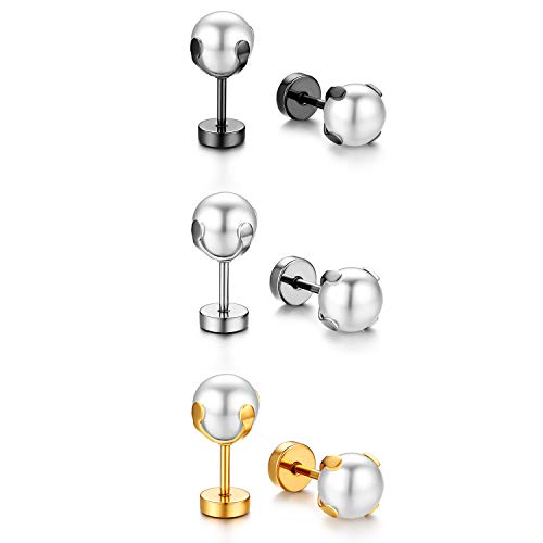 Cupimatch 3 Paare Ohrringe Set Damen Ohrstecker Perlen Edelstahl Piercing Ohr Schmuck Mädchen 8mm, Silber Gold Schwarz von Cupimatch