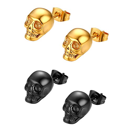 Cupimatch 2 Paare Totenkopf Ohrringe Herren Schädel Ohrstecker Edelstahl Hip Hop Punk Jazz Ohr Piercing Ohrschmuck für Männer Jungen, Gold Schwarz von Cupimatch