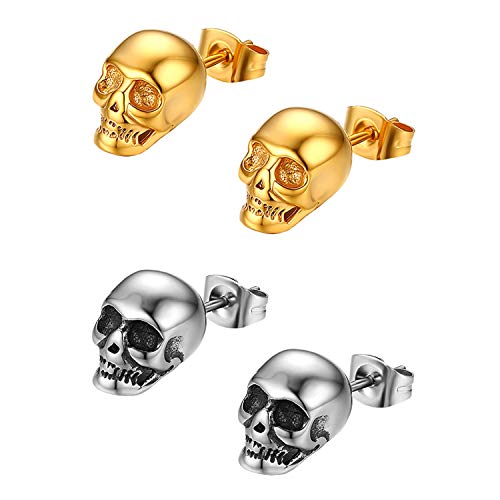 Cupimatch Totenkopf Ohrringe 2 Paare: Edelstahl Gothic Skull Ohrstecker 2 Farben Gold Silber Punk Jazz 3D Schädel Ohr-Piercing Earrings Hip Hop Ohrschmuck für Männer Jungen von Cupimatch