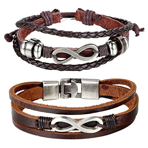 Cupimatch 2PCS Herren Retro Armband set, geflochten Infinity Unendlichkeit Ewigkeit Lieben Zeichen Punk Rock Manschette Kordelkette Armreifen, Leder Legierung, braun von Cupimatch