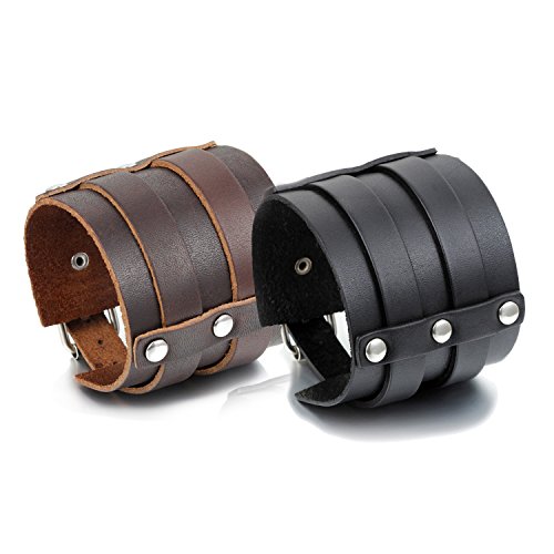Cupimatch 2PCS Herren Retro Breites Lederarmband, 6.5mm Geflochten Punk Rock Manschette Kordelkette Armband Set, Verstellbaren Größen, Leder Legierung, Braun Schwarz von Cupimatch