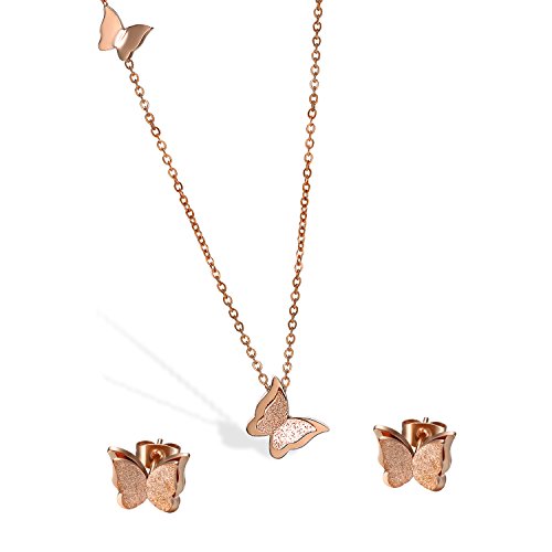 Cupimatch 2PCS Schmetterling Ohrringe Halskette Schmuckset Damen Butterfly Ohrstecker Mädchen Schlüsselbein Kette Edelstahl Piercing Ohr Schmuck Rosegold von Cupimatch