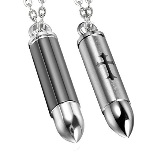 Cupimatch 2pcs Herren Edelstahl Kreuz Bullet Form medaillon zum öffnen Anhänger Halskette mit 55 cm Kette, silber schwarz von Cupimatch