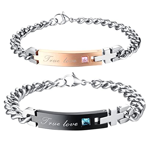 Cupimatch 2pcs Pärchen Armbänder, Edelstahl Herz Lieben Panzerkette Armreif mit Cubic Zirkonia Kreuz Anhänger Gravur True Love für verliebte Damen Herren, rosegold schwarz silber von Cupimatch