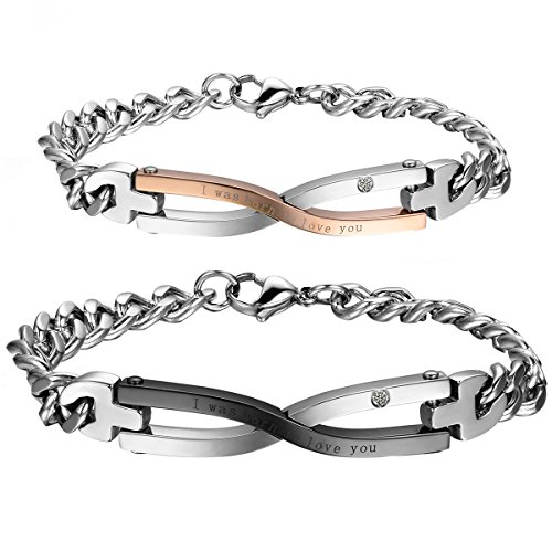 Cupimatch 2pcs Pärchen Armbänder, Edelstahl Paare Panzerkette Infinity Unendlichkeit Ewigkeit Lieben Zeichen Armreif Gravur I was born to love you für Verliebte Damen Herren, Rosegold Schwarz Silber von Cupimatch