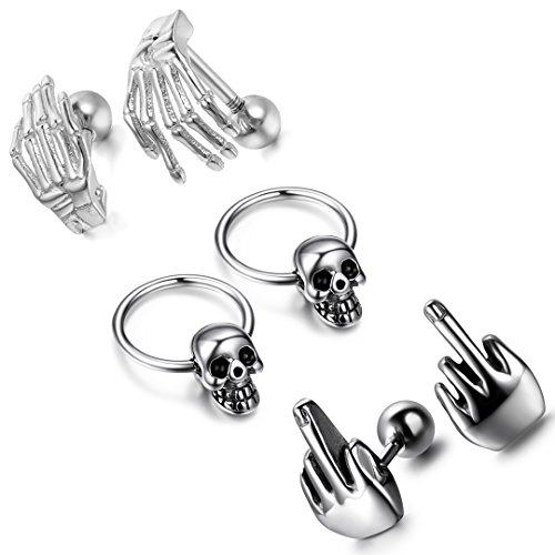 Totenkopf Piercing Ohr Herren Ohrringe Schädel Ohrstecker Edelstahl Hip Hop Punk Jazz Ohr Schmuck für Männer Jungen, Silber Schwarz (Typ2) von Cupimatch