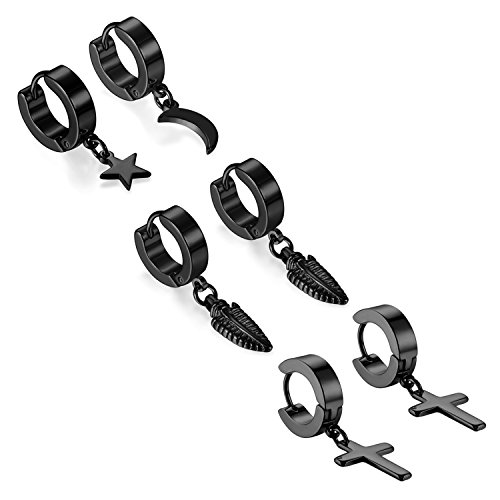 Cupimatch 3 Paare Creolen schwarz: Edelstahl Huggie Ohrringe Set mit Anhänger Kreuz Mond Stern Feder Design Punk Rock Kleine Klappcreolen Vintage Ohrhänger Ehrrings Gothic Schmuck für Männer Frauen von Cupimatch