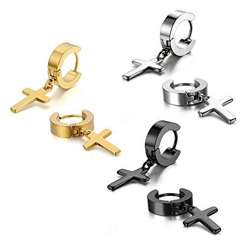 Cupimatch 3 Paare Kreuz Ohrringe Set Damen Edelstahl Piercing Ohr Ohrstecker für Herren Mädchen Ohr Schmuck, Gold Silber Schwarz (3paar) von Cupimatch