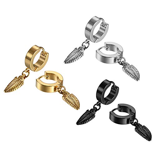 Cupimatch Feder Ohrringe Creolen Set: 3 Paare Edelstahl Gothic Vintage Blatt Huggie Ohrstecker Elegant Klappcreolen Klassische Boho Ohrhänger Ohrclips Geburtstag Schmuck Geschenk für Jungen Mädchen von Cupimatch