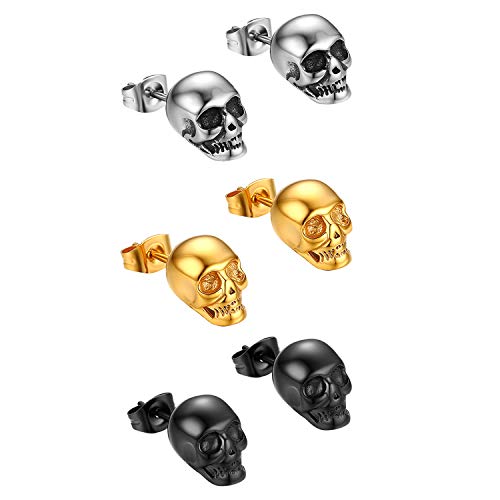 Cupimatch 3 Paare Totenkopf Ohrringe Herren Schädel Ohrstecker Edelstahl Hip Hop Punk Jazz Ohr Piercing Ohrschmuck für Männer Jungen, Gold Schwarz Silber von Cupimatch