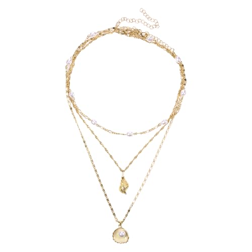 Cupimatch 3-lagige Muschel Halskette Damen: Boho Mehrreihige Kette mit Muschelanhänger 14K Vergoldete Perlenkette Elegant Sommer Strandkette Schmuck Geschenk Für Frauen Mädchen von Cupimatch
