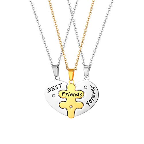 Cupimatch 3PCS Herz Puzzle Anhänger Halskette BFF Freundschaftsketten mit Gravur Best Friends Forever Edelstahl Ketten 45cm Geschenk für Beste Freundin/Freundinnen, Gold Silber von Cupimatch