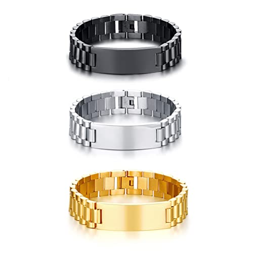 Cupimatch 3pcs Armband Herren mit Gravur breit, Edelstahl Poliert Gliederarmband Armreif silber gold schwarz Geschenk für Männer Vater Bruder von Cupimatch