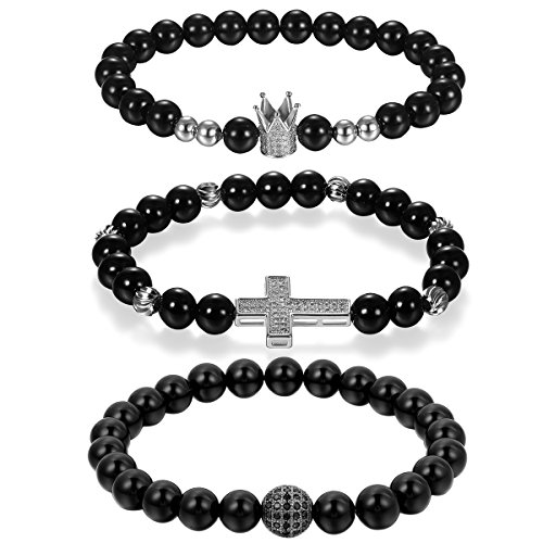 Cupimatch 3pcs Buddha Onyx Armband Armreif 22cm, 8MM Achat Energie-Stein Kugelkette Gebet Mala Stretch 23cm mit Krone Kreuz Anhänger Armschmuck für Damen Herren, schwarz silber von Cupimatch