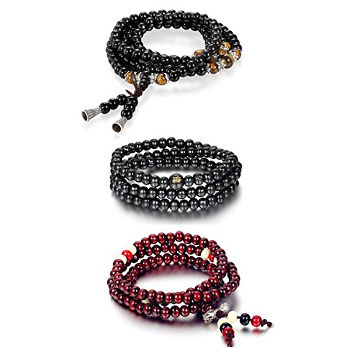 Cupimatch 3pcs Herren Damen Buddha Mala Armband Kette, Kugeln Perlen Gebetskette Halskette Sandelholz Strang Holz Perlenarmband, schwarz rot von Cupimatch