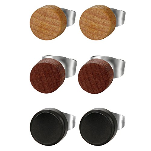 Cupimatch 3pcs Piercing Ohrringe Set Damen Herren Edelstahl Holz Ohr Schmuck Mode Ohrstecker für Mädchen Jungen, Kaffeebraun Braun Schwarz von Cupimatch